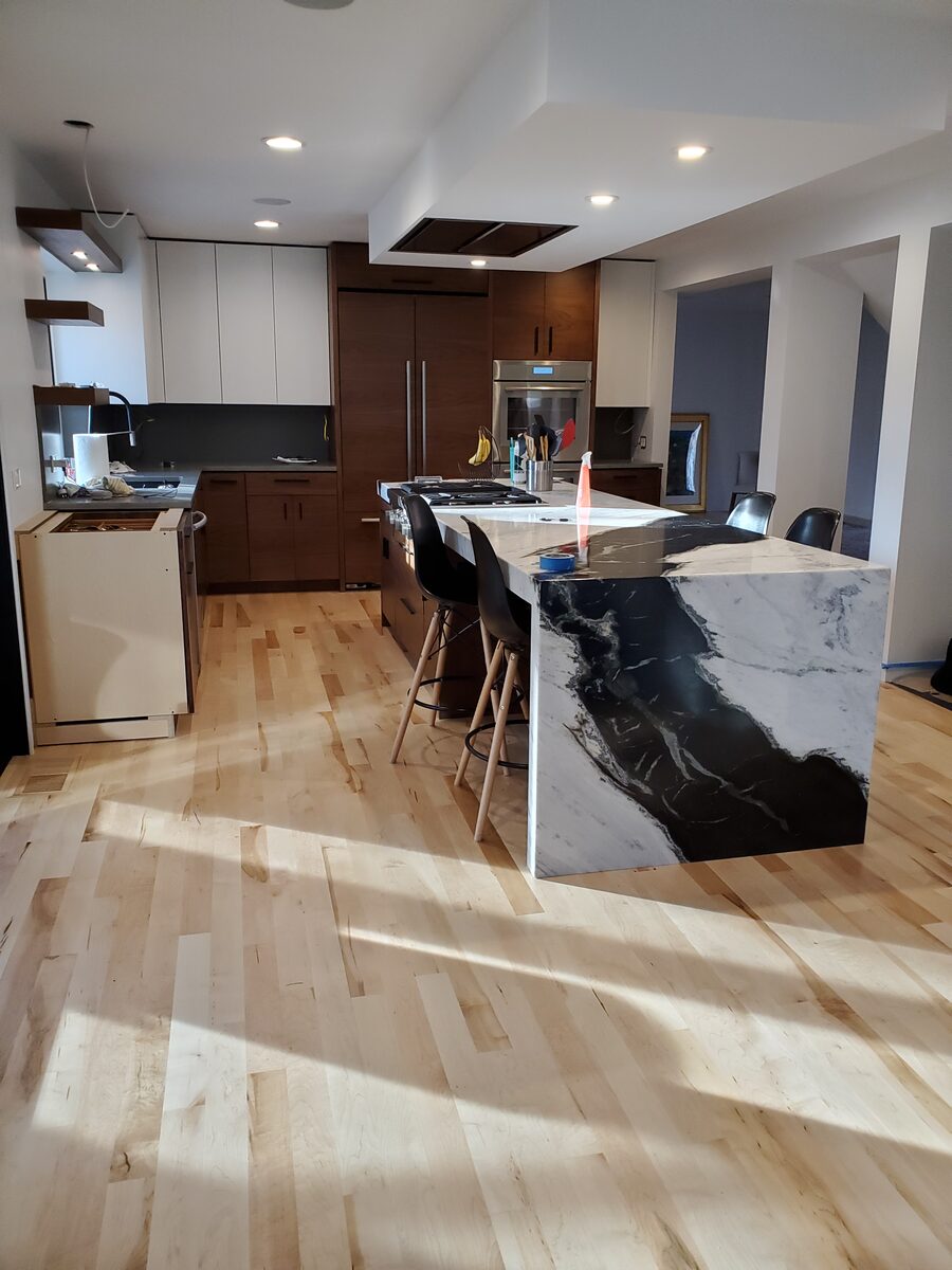 Modernized classic whole-home remodel kitchen and living area.