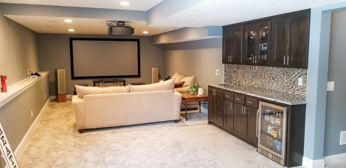 Finished basement with home theater and wet bar