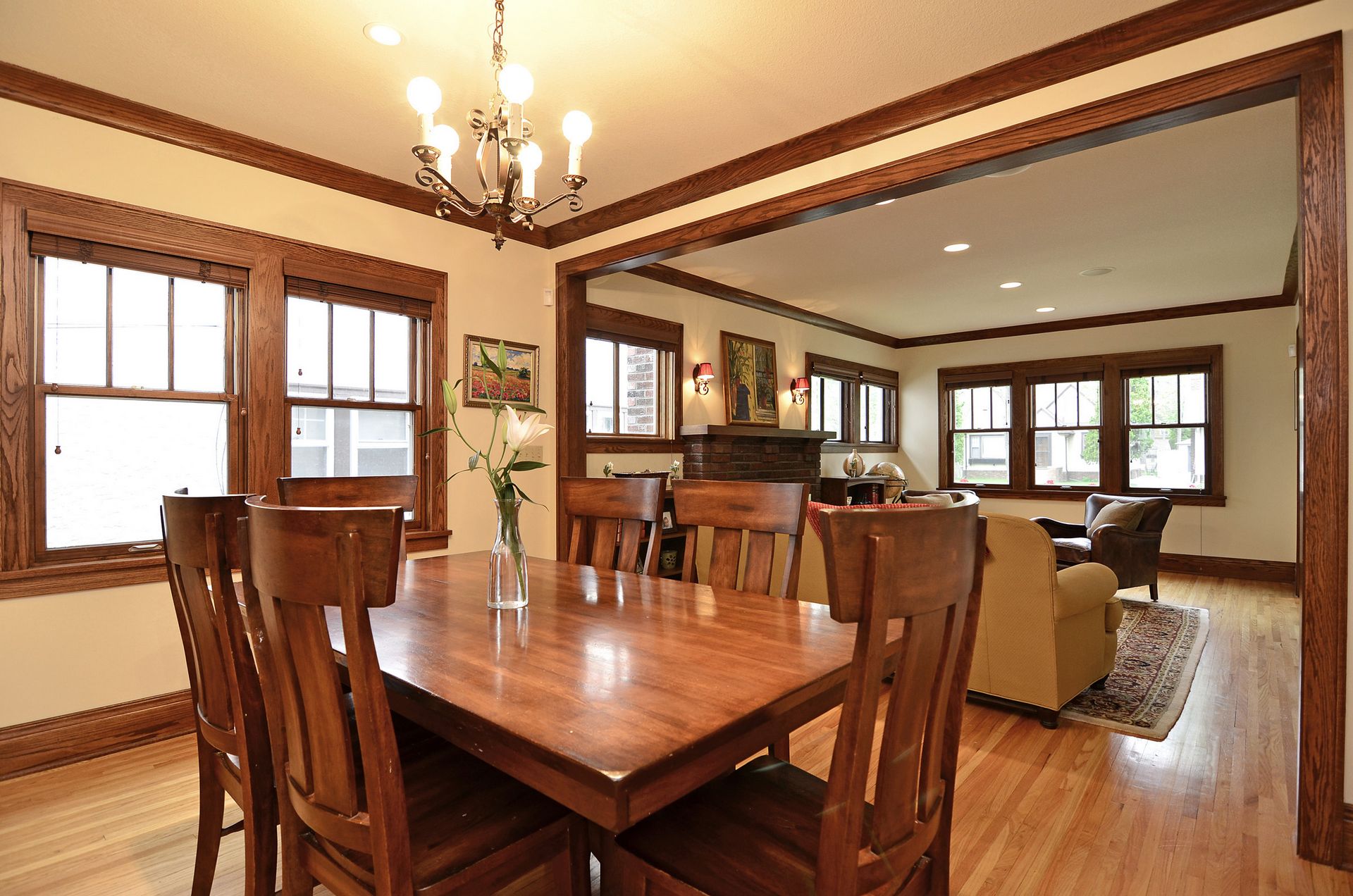 Dining space flowing into living room.