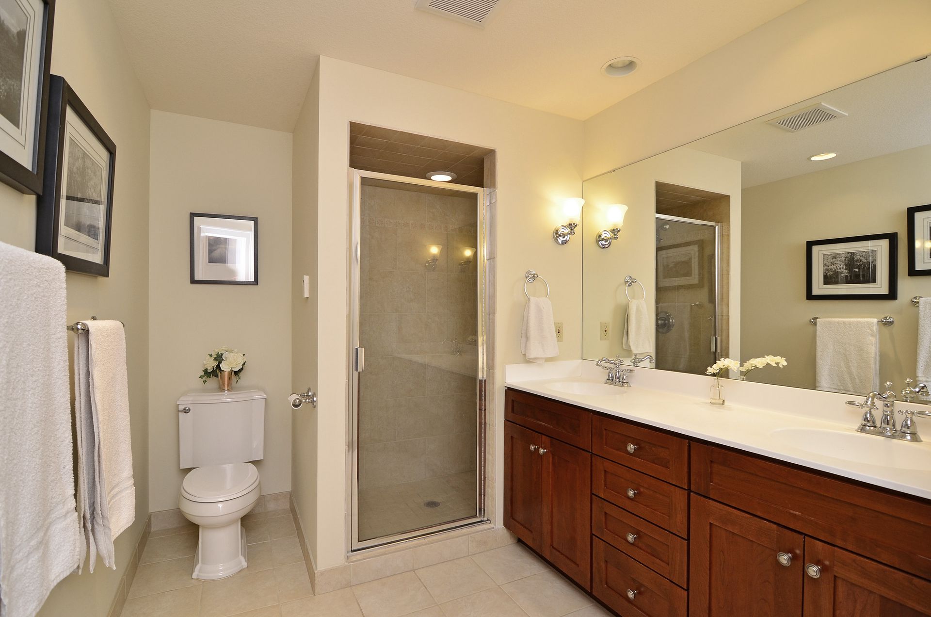 Updated bathroom with double vanity.